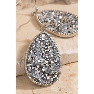 Glitter Stone Teardrop Hook Earrings Silver 3320